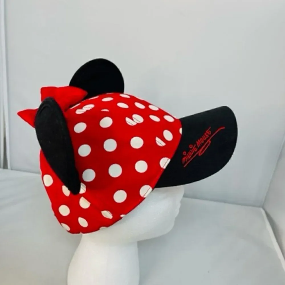 Disney Minnie Mouse Polka Dot Baseball Hat Cap Bow W/ Ears Red Black White Youth